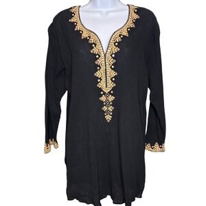 Sulu Womens Black Gold Embroidered Mirror Work Tunic Top Sz 14 Boho‎ Kurti